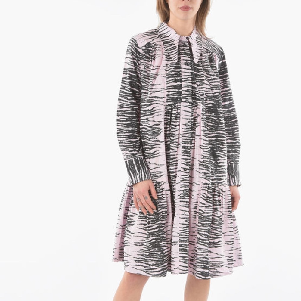 GANNI ANIMAL PATTERNED POPELINE COTTON SHIRT DRESS